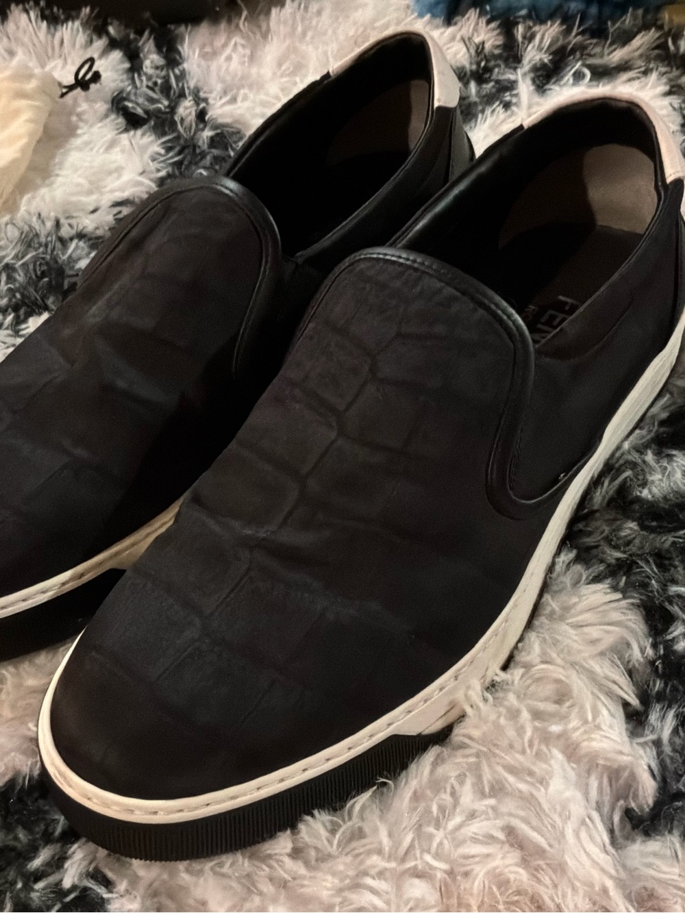 Fendi Black Croc-Embossed Slip-On Loafers with White Trim